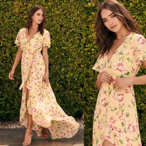 Lulus Dresses & Skirts - * LULU Sense of Wonder Yellow Floral Wrap Maxi